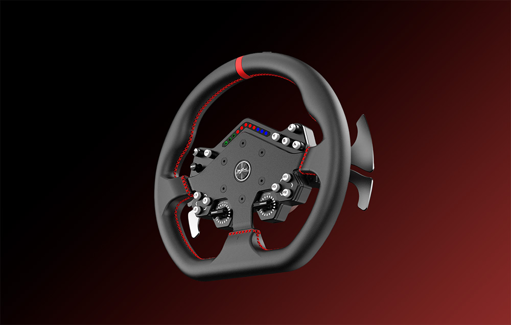 PXN steering wheel with central control panel with buttons and LEDs and metal shift paddles on the sides