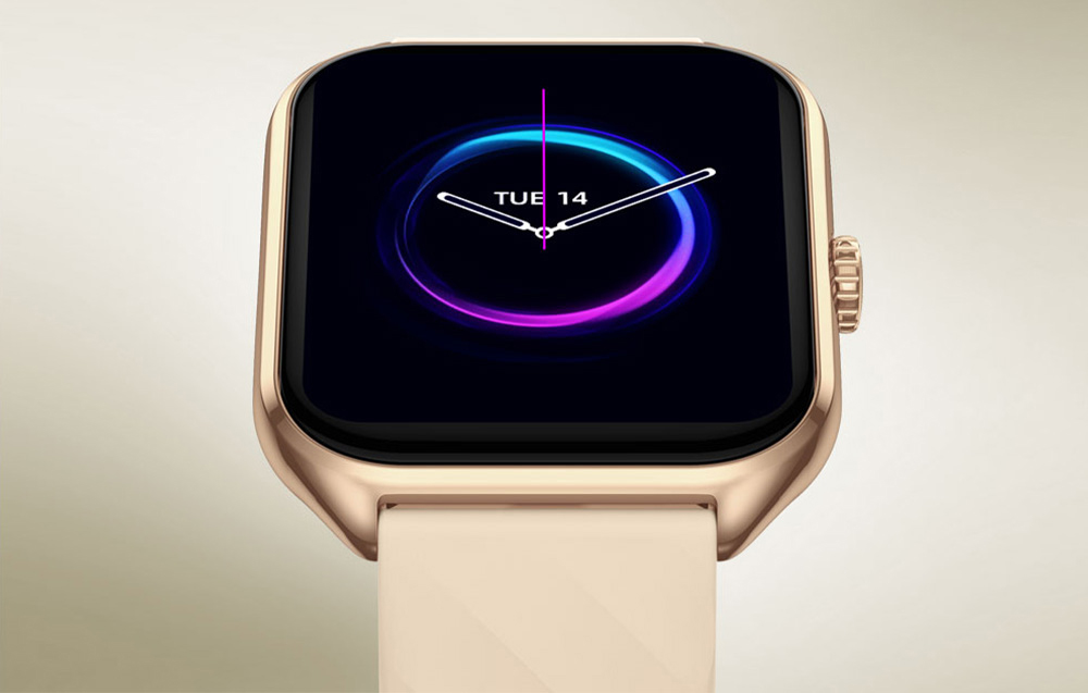 Gold smartwatch on a gradient background displaying a purple-blue watch with hands