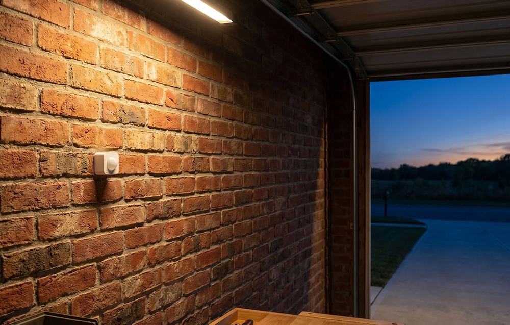 A white, square device mounted on a brick wall in the garage under a lit, oblong lamp