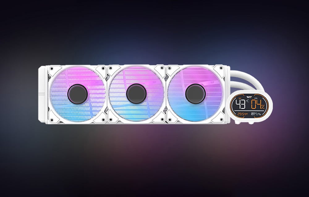 Front view of the AIO water cooling system with three RGB fans and an LCD display on the right