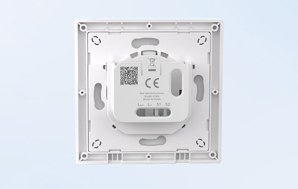 Back of wall switch housing on blue background.