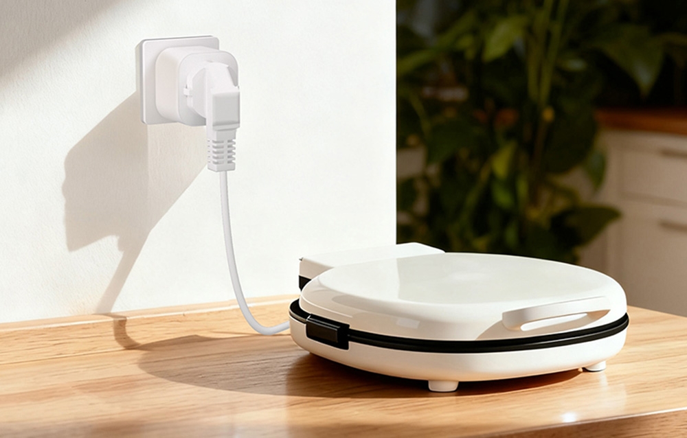 A white sandwich toaster lying on a countertop, plugged into a power source