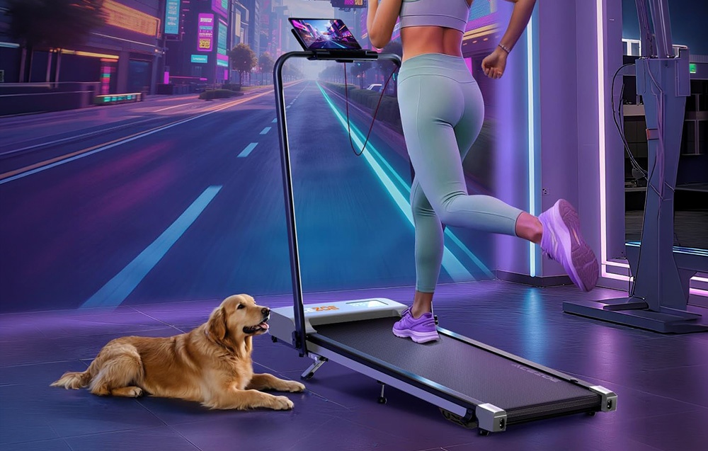 A woman on a treadmill with a dog lying next to her