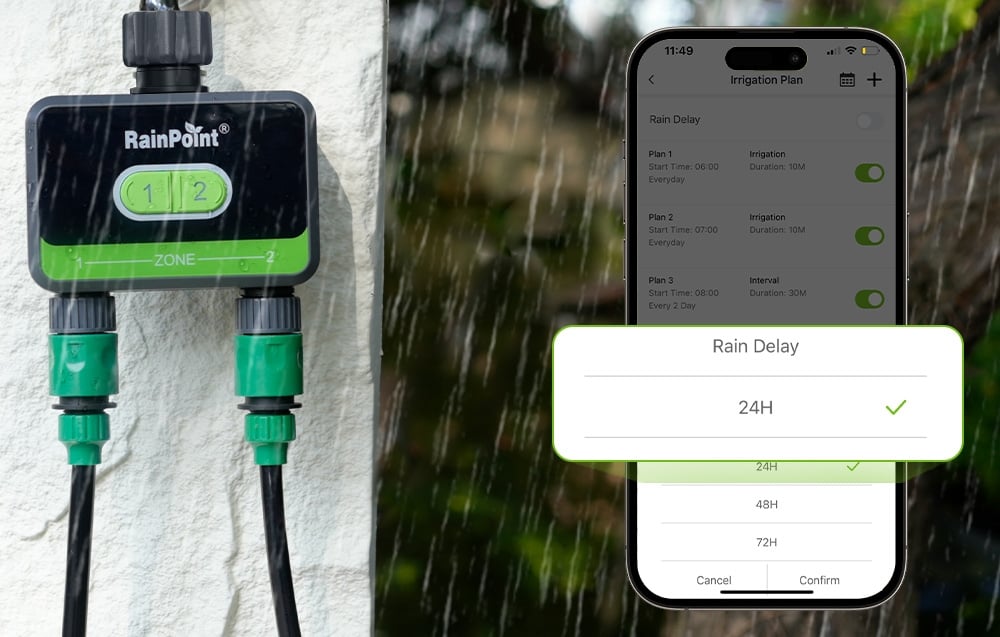 RainPoint irrigation controller mounted to a white wall, next to it is a smartphone displaying the app's functions.