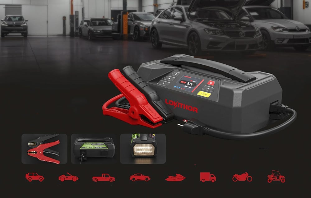 LOKITHOR jump starter with clamps in a workshop and icons of supported vehicles.