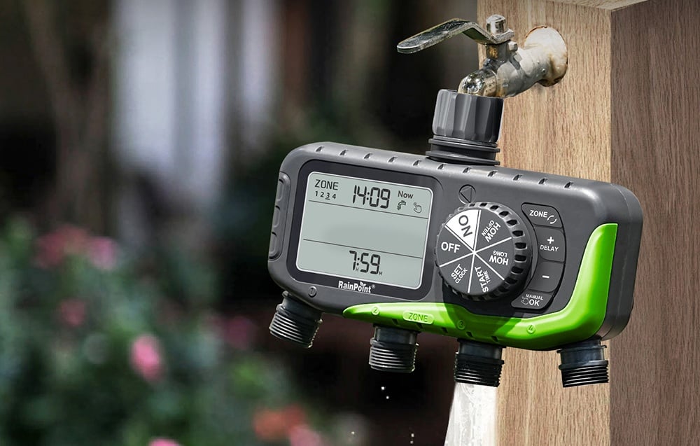 RainPoint 4-zone irrigation controller connected to an outdoor faucet
