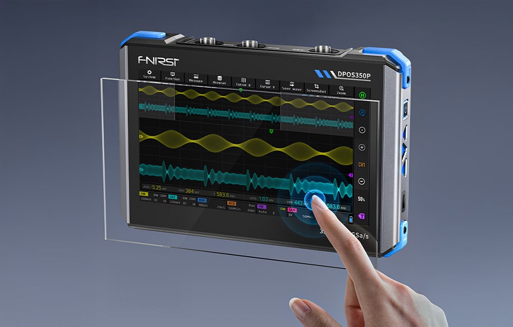 Finger touching the oscilloscope screen with waveforms displayed.