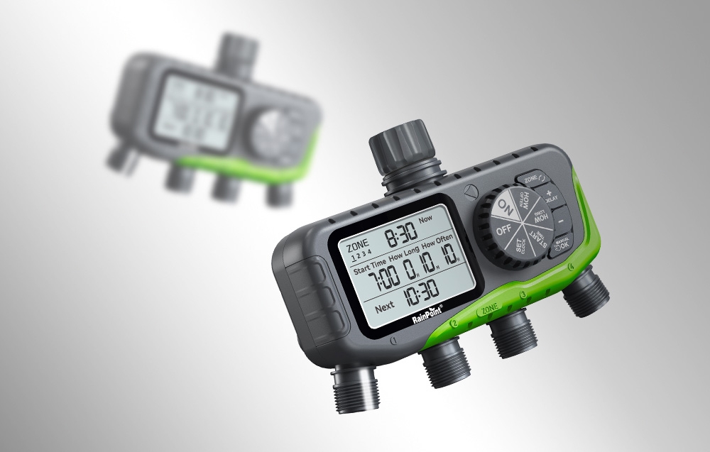 Two RainPoint 4-zone irrigation controllers on a gray background