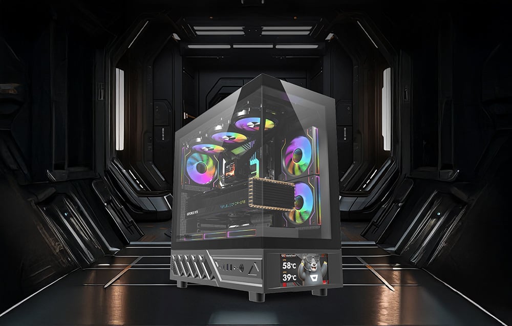 Black PC case with RGB lighting and temperature display in a futuristic interior