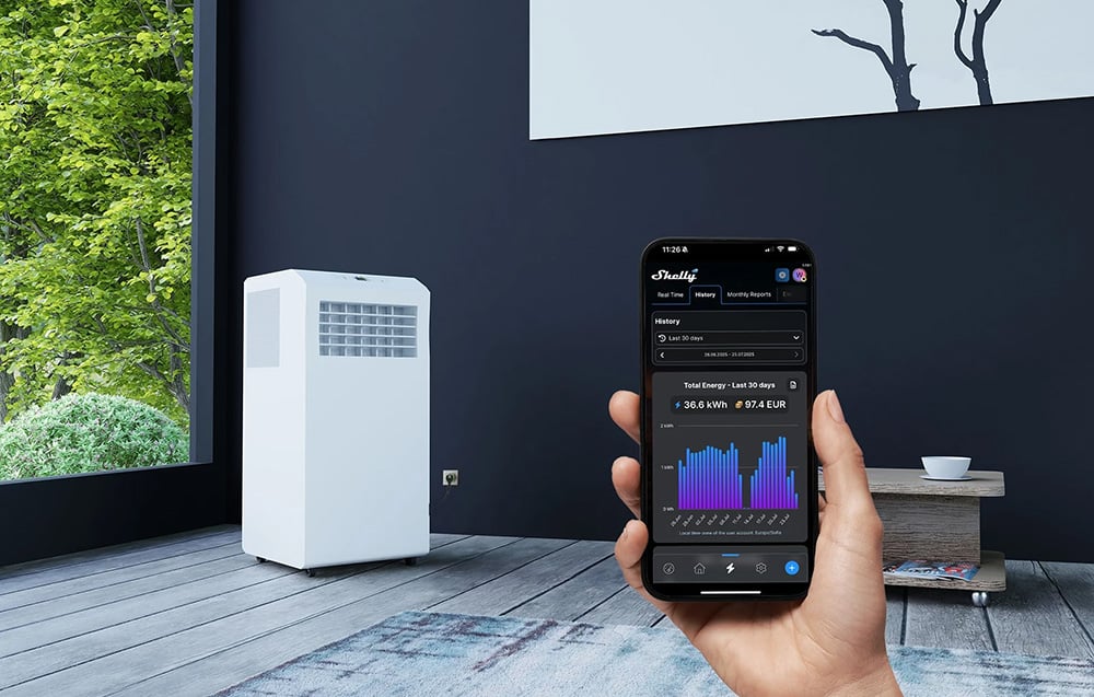 The Shelly app on a smartphone displaying energy consumption statistics (kWh) and costs against the backdrop of a modern living room with air conditioning.