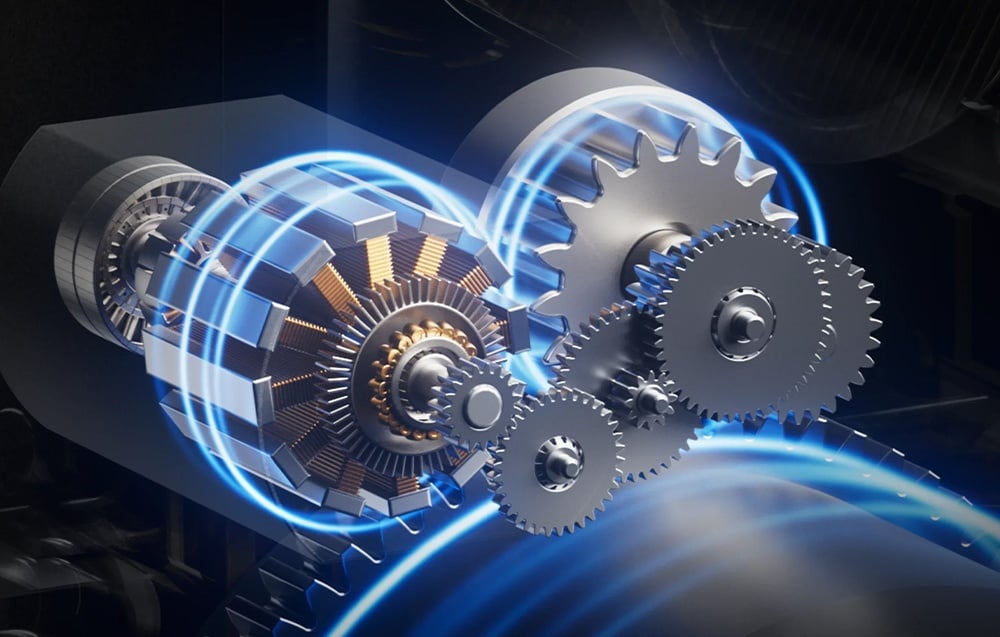 Visualization of SwitchBot lock technology - cogs, gears and blue light effects on a dark background