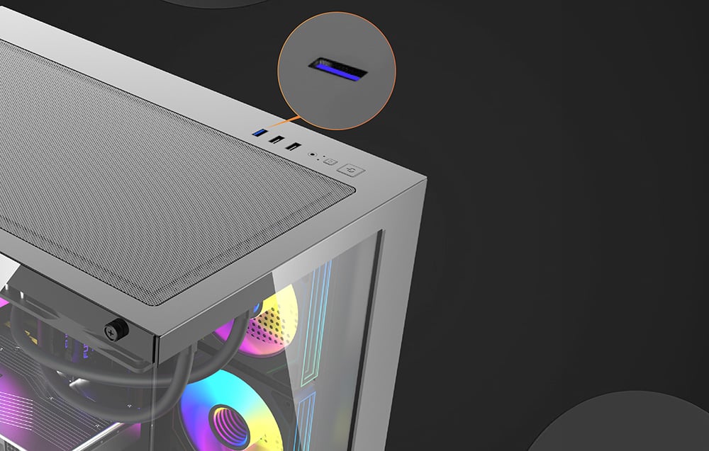 Top panel of the PC case with visible ports and an enlarged USB-A port in a circle next to it