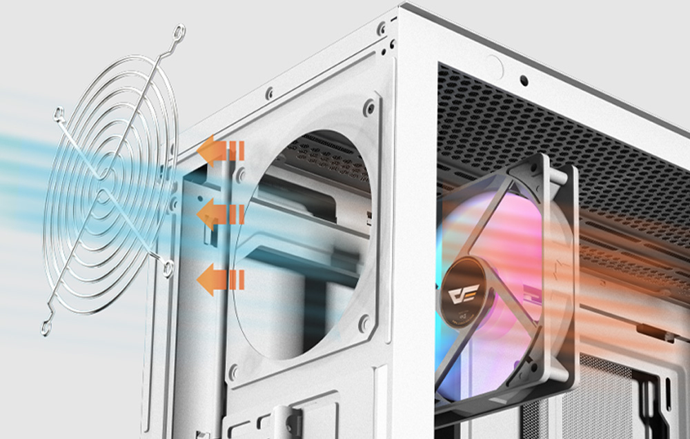 Visualization of the cooling system in the Darkflash DS900 Mesh computer case.