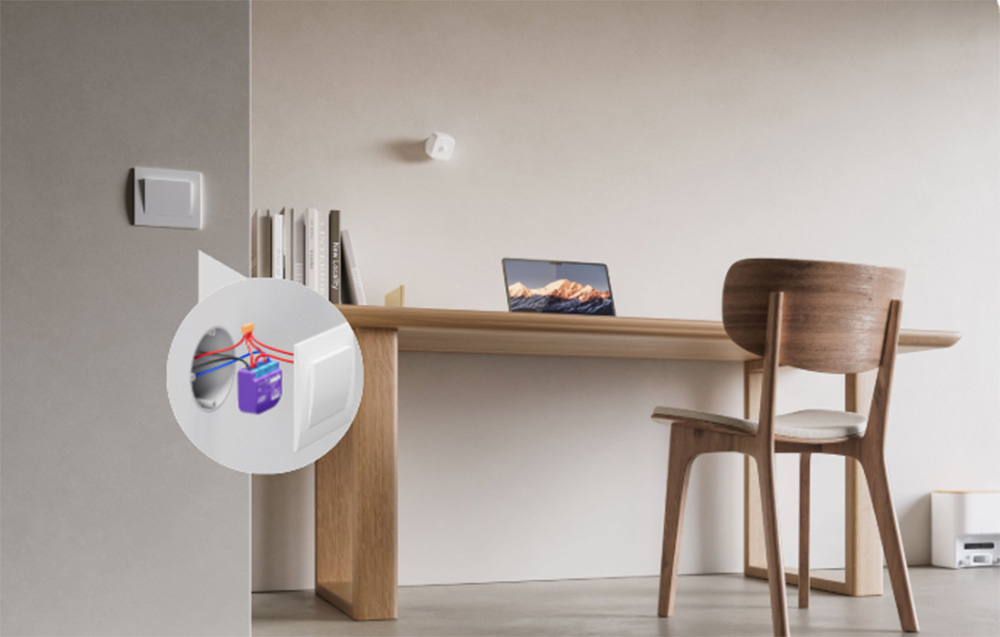A presence sensor on the wall above a desk and a diagram showing the module’s installation in an electrical box.