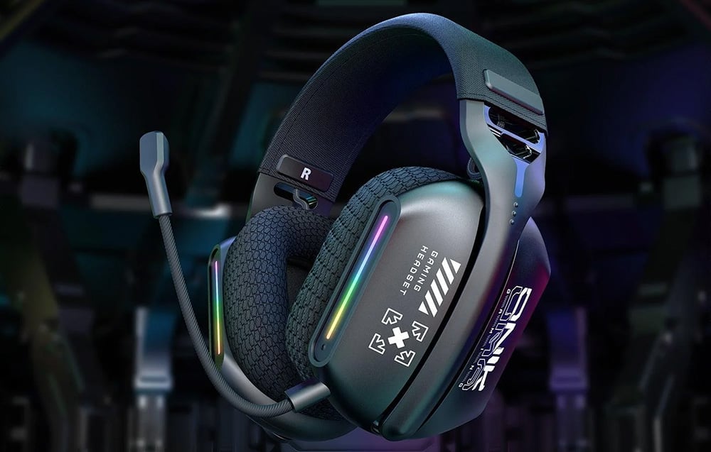 Black gaming headphones on a dark background