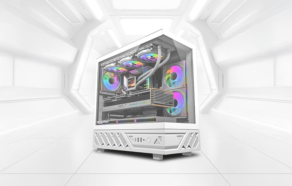 White PC case with illuminated RGB fans in a futuristic white interior