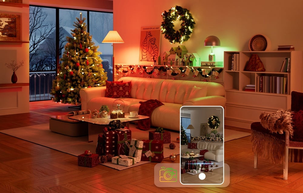 Room with a decorated Christmas tree, gifts, and a sofa, illuminated by the warm light of a lamp and green LED glow.
