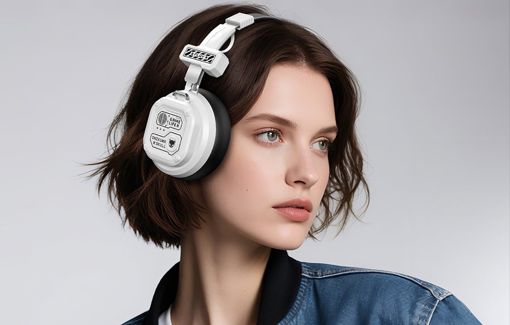 A woman with short brown hair wearing white Onikuma headphones