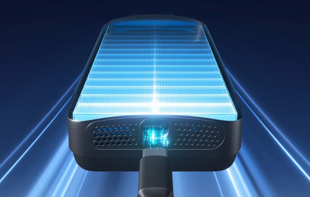 Visualization of solar panel with blue backlight and charging cable against dark background