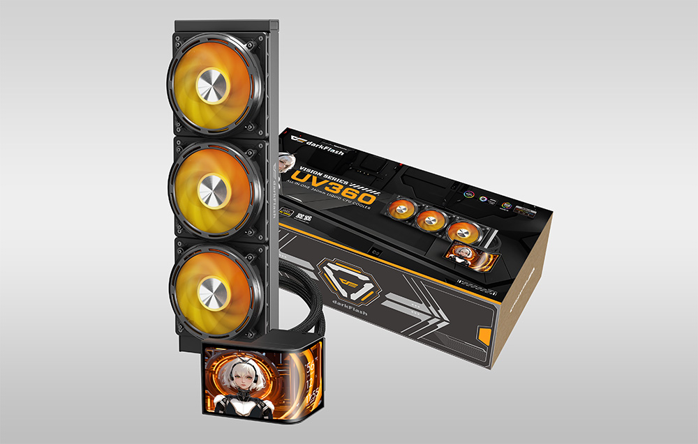 darkFlash UV360 water cooling system with orange ARGB backlighting displayed next to the factory packaging
