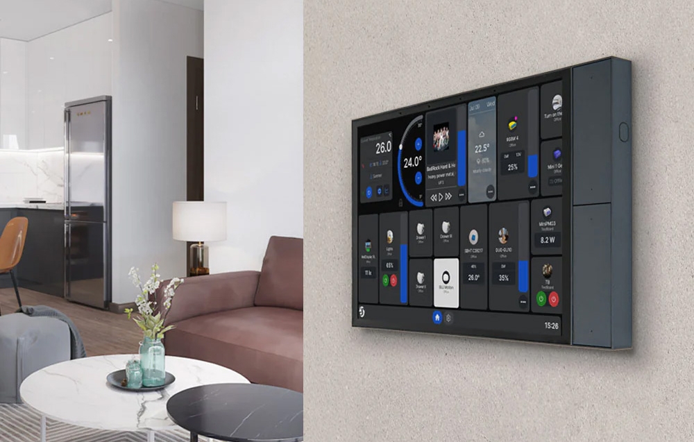 Smart home control panel on the wall in front of a modern living room