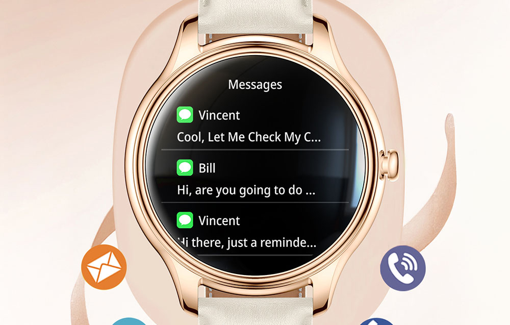 Screen of a gold COLMI smartwatch displaying a list of notifications about messages from contacts Vincent and Bill.