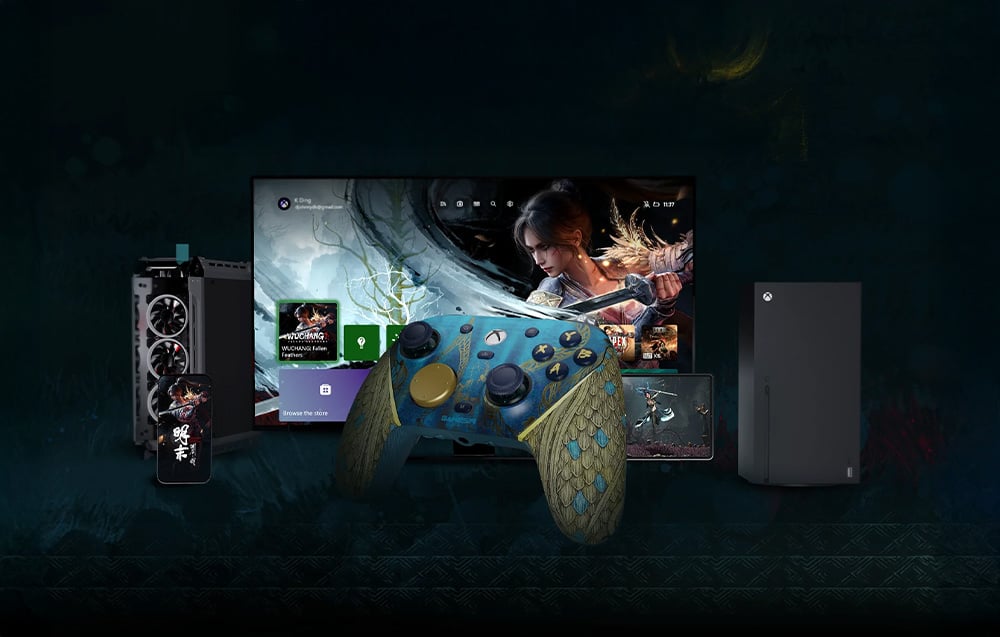 A controller with a decorative pattern against a set of gaming devices, including a TV, smartphone, tablet, graphics card and console