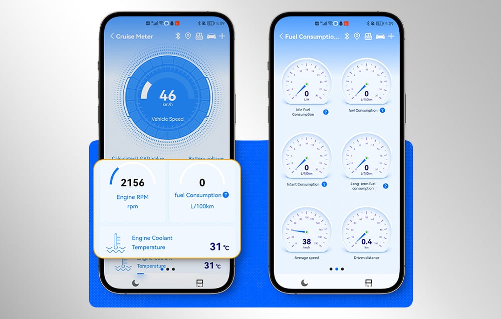 Screens of the mobile app displaying speed, engine RPM, coolant temperature, and fuel consumption