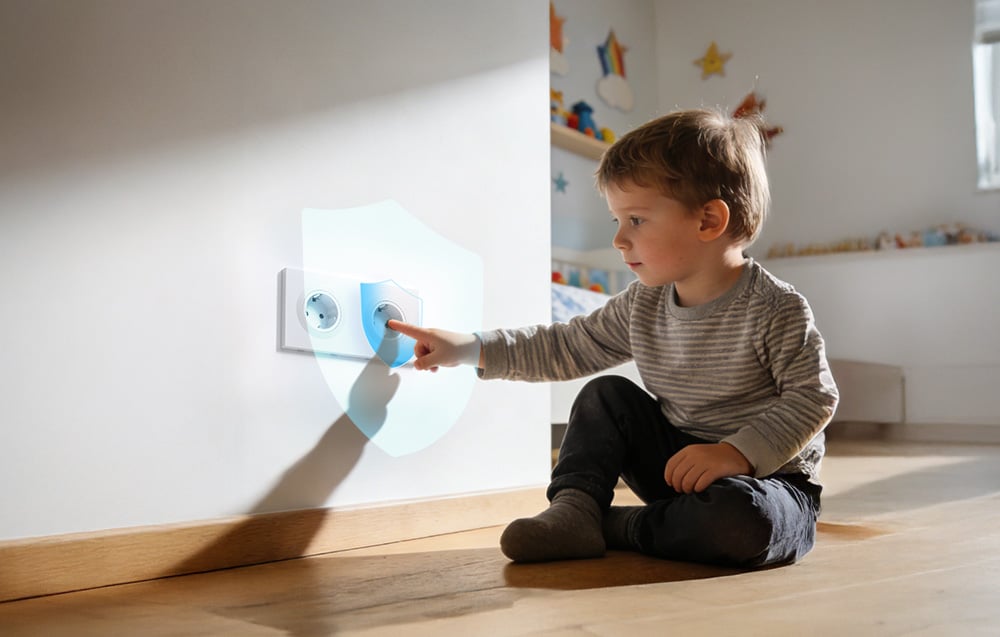 A child sitting on the floor next to a socket featuring a graphic of a shield, symbolizing child safety