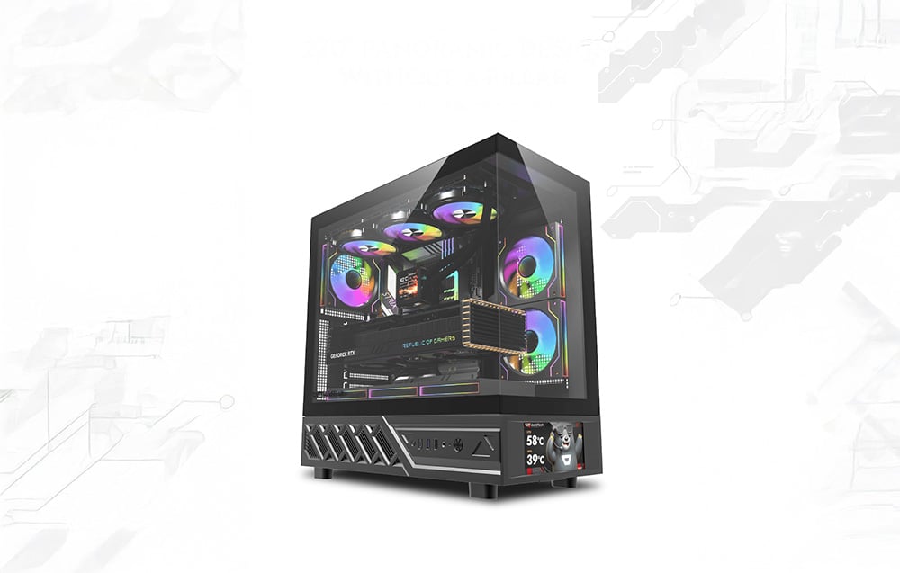 Black computer case with colorful RGB fans and temperature display on a white background
