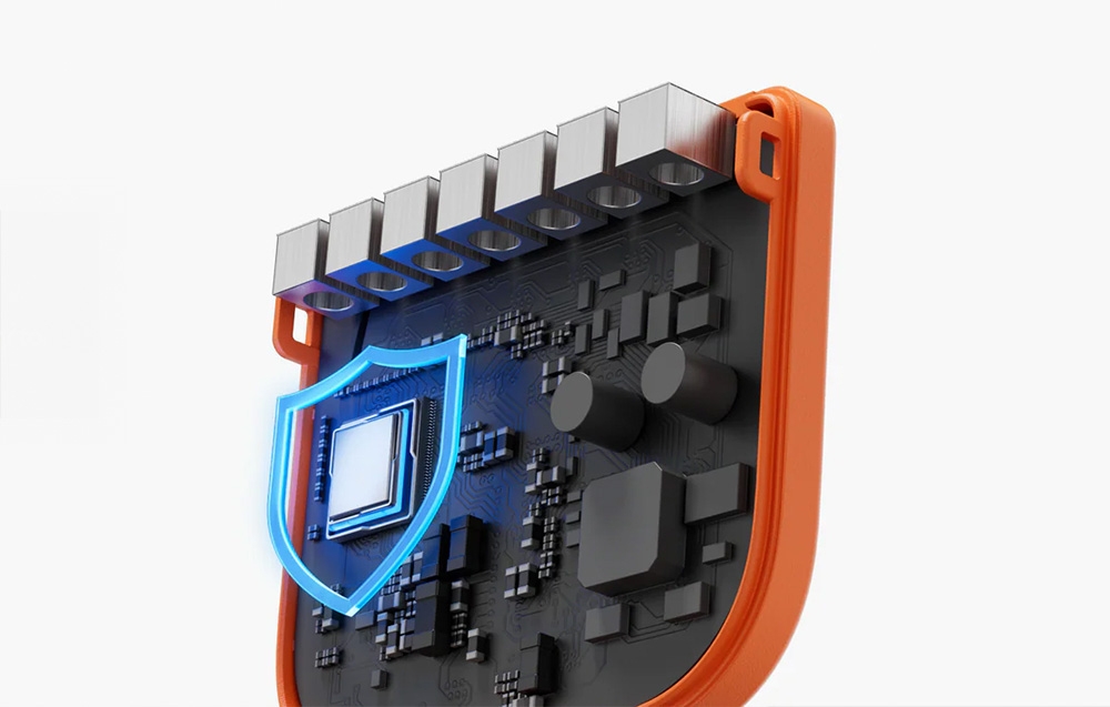 Cross-section of SwitchBot module showing electronic board, shield protected chip and terminals