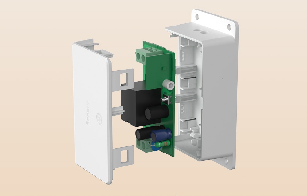Visualization of the disassembled Sonoff smart switch showing internal components