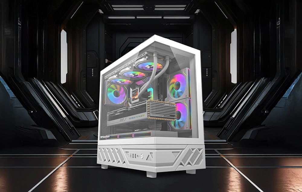 White PC case with RGB fans in a futuristic black hallway