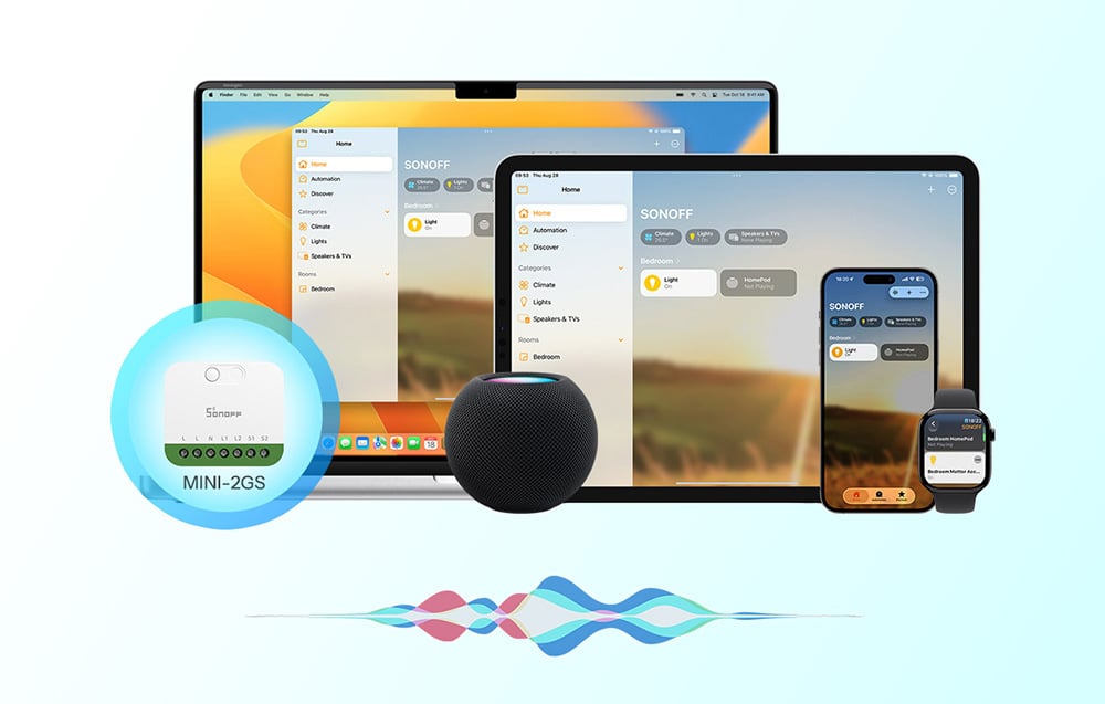 Apple Home-compatible MINI-2GS switch, displayed on Mac, iPad, iPhone and Apple Watch screens, along with HomePod speaker