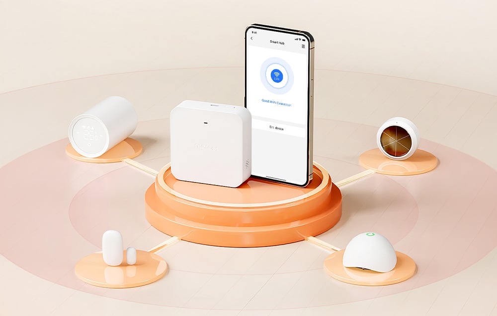 MEROSS Smart Wi-Fi Gateway next to a smartphone and other compatible devices