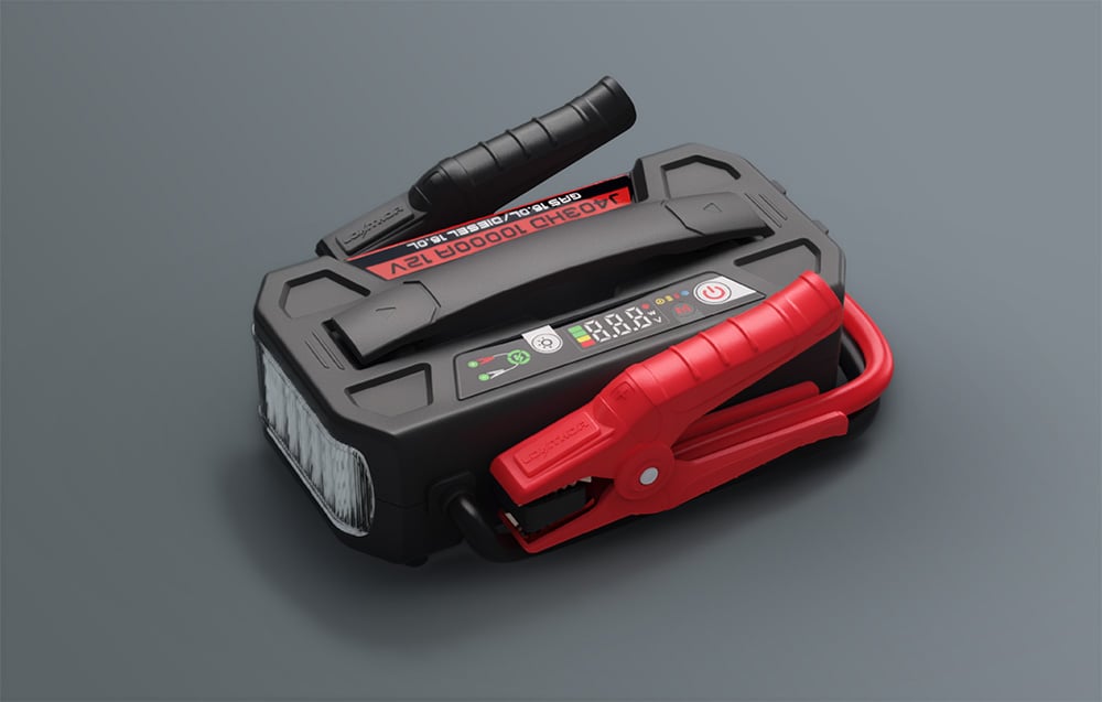 LOKITHOR portable jump starter with clamps attached, side view.