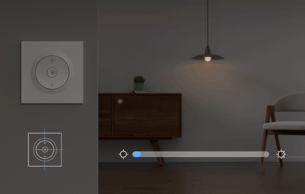 Smart switch on the wall, room with soft lighting on the right