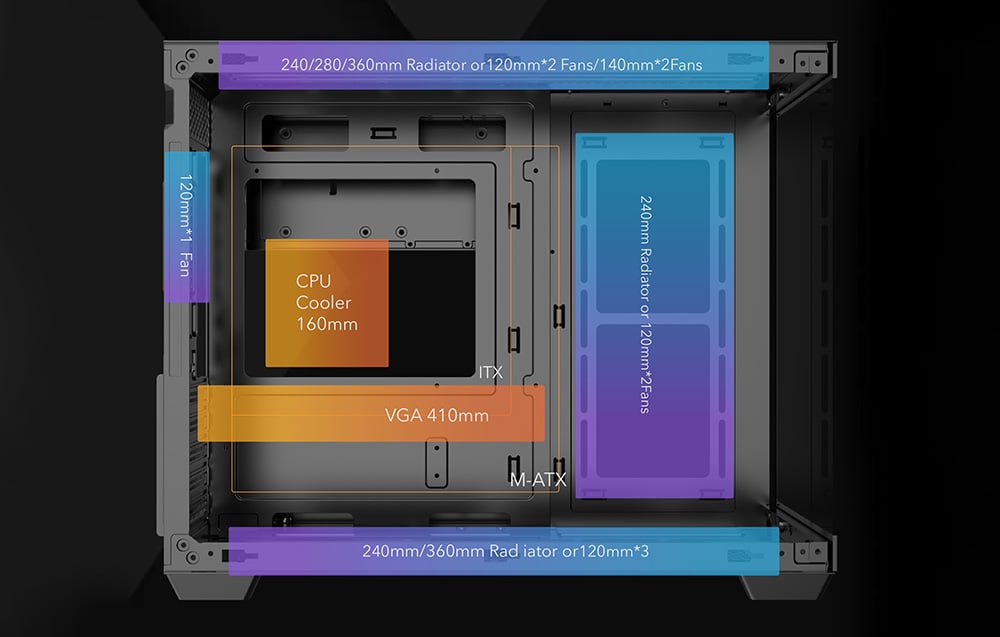 Inside of the case with colorful markings for component spaces
