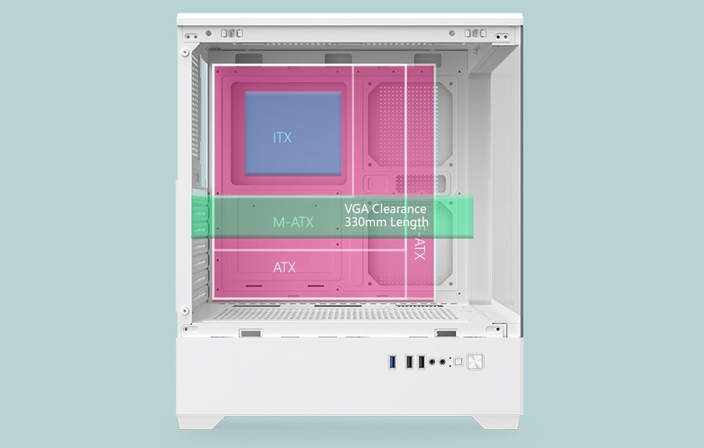 Component assembly diagram in a white PC case