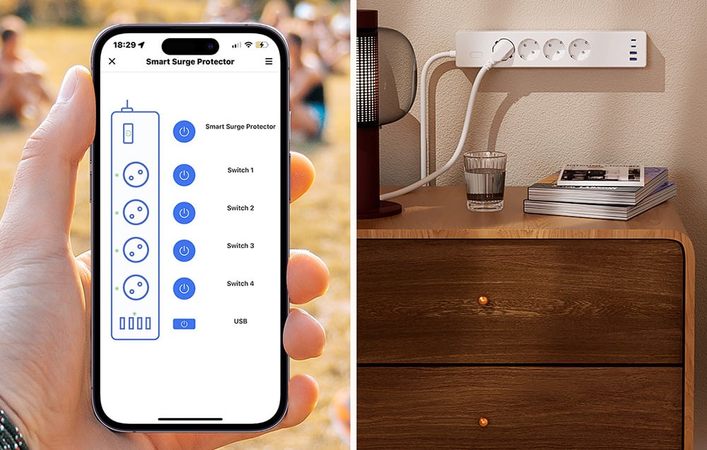 On the left, the screen of a smartphone with an app to control the power strip, on the right, the strip mounted above a dresser with a light connected