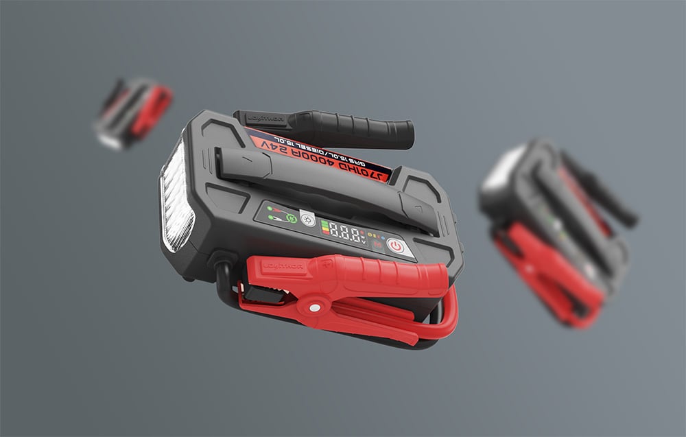 Three starter units shown from different angles on a gray background, showcasing a compact and sturdy design.