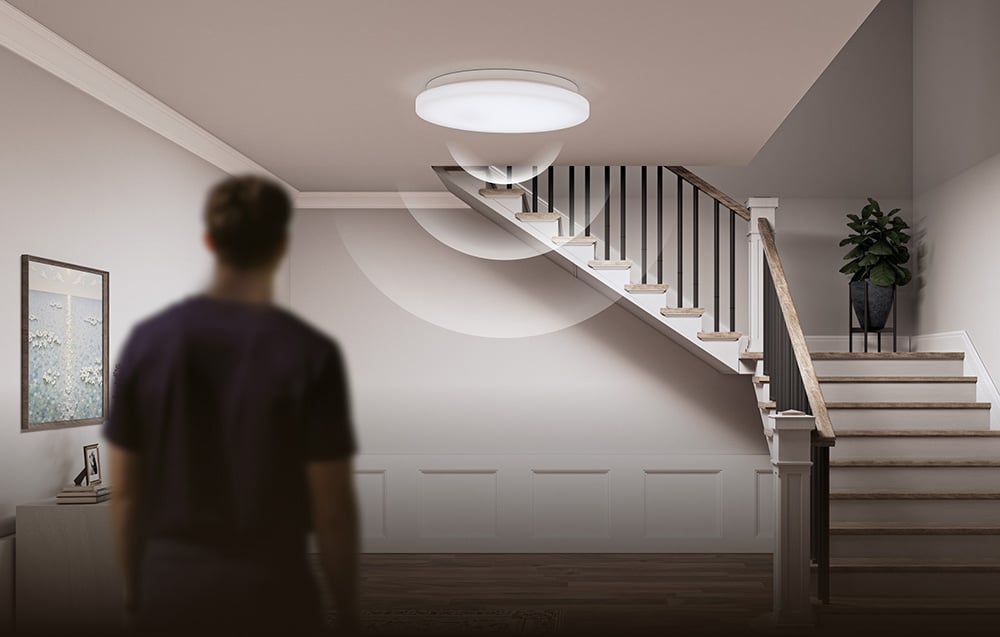 Yeelight MercuryE C260 ceiling lamp in the lobby by the stairs, with visualization of motion sensor operation.