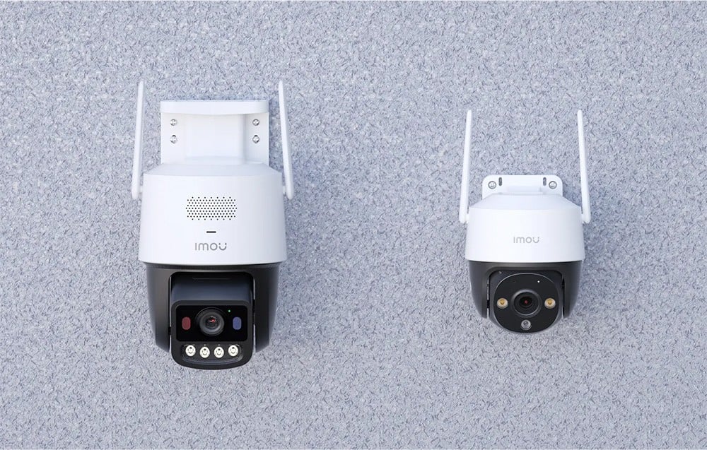 Comparison of two white Imou cameras of different sizes, mounted side by side on a gray facade