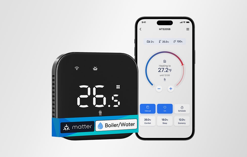 MEROSS smart thermostat and smartphone with the temperature control app open on a light background