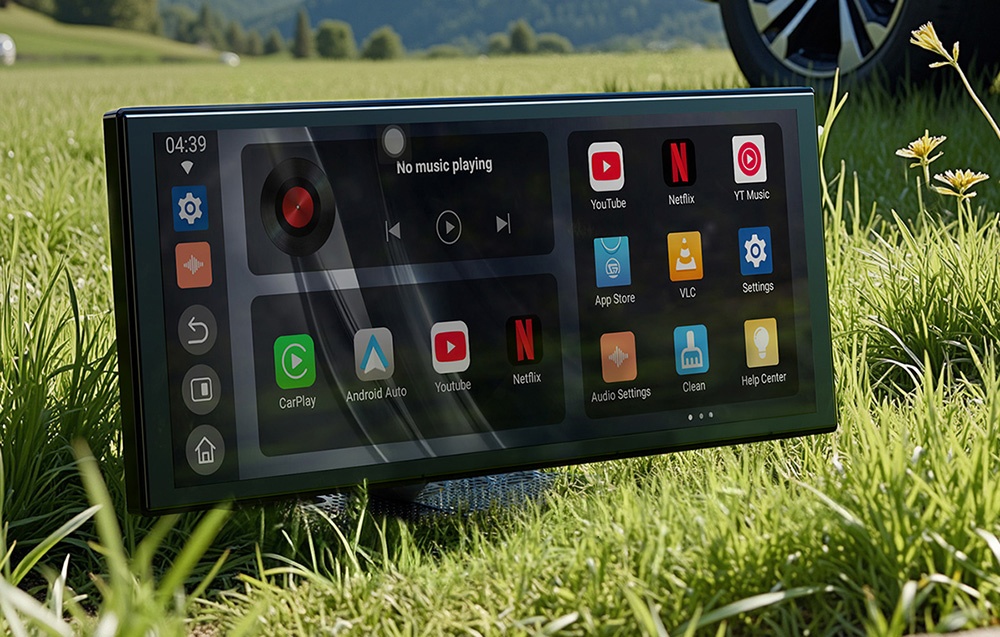 Multimedia monitor standing in green grass displays an interface with app icons