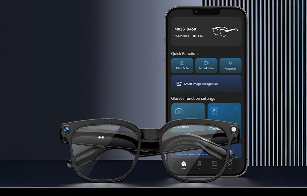 Black glasses resting on a smartphone with an app open to control the device’s functions.