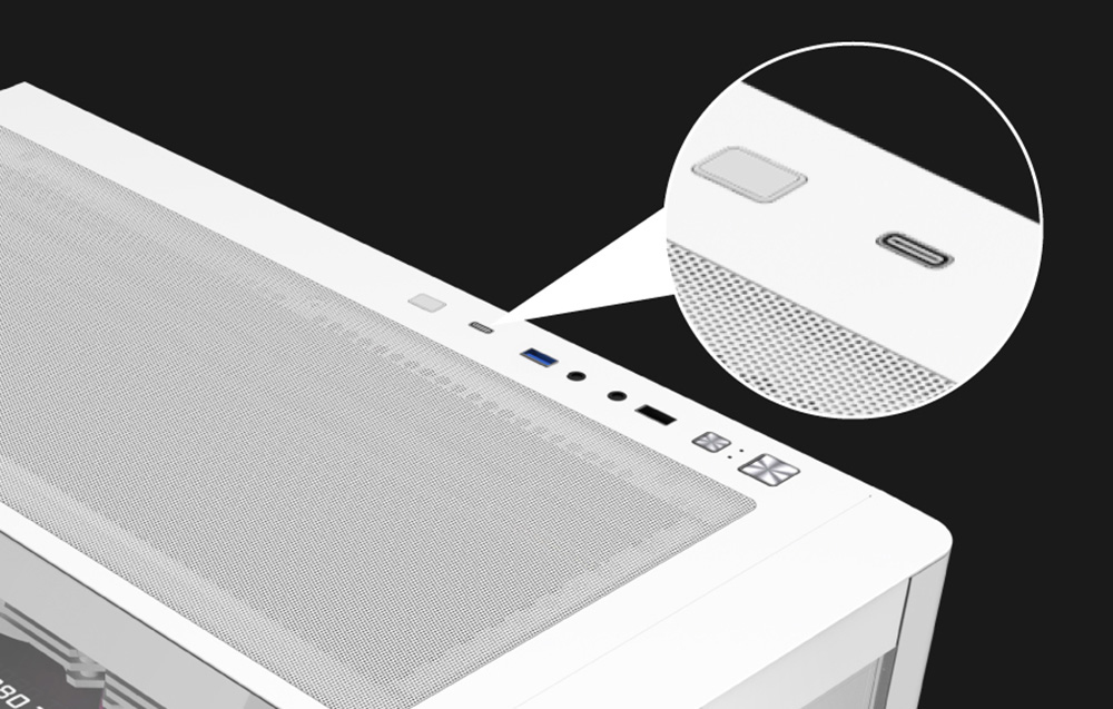 Close-up of the computer case ports
