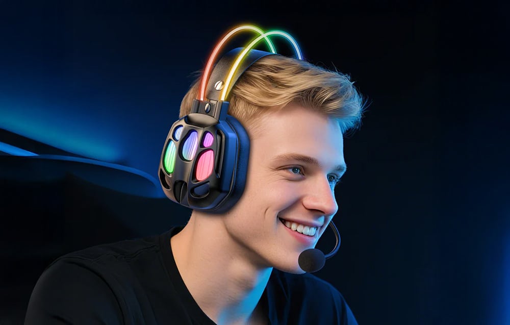 Smiling blonde headphones with backlighting
