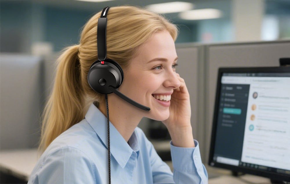 Smiling woman in blue shirt wears Onikuma headphones