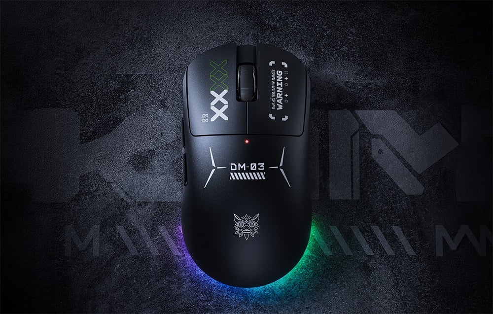 Black Onikuma computer mouse on a dark mouse pad